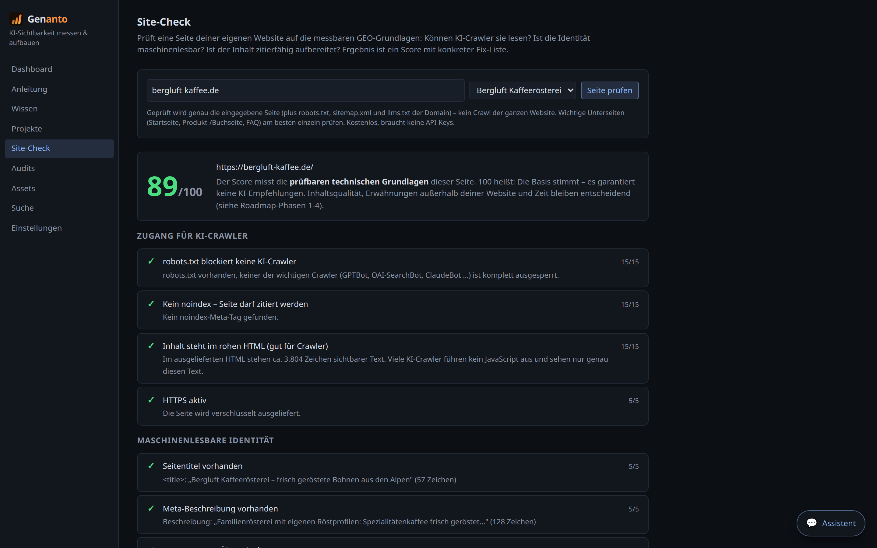 Zum Vergrößern klicken Site-Check-Report mit GEO-Score und Fix-Liste